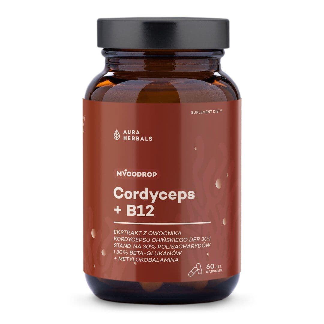 AURA HERBALS Mycodrop, Cordyceps 30:1 + B12, 30% beta-glukan (60 capsules)