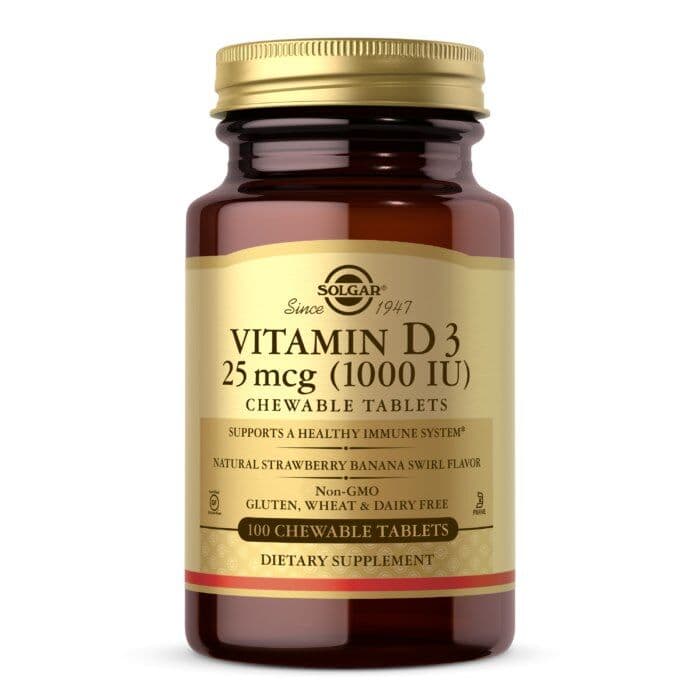 Vitamin D3-tyggetabletter, 25 µg (jordbær- & banansmag) – 100 tyggetabletter